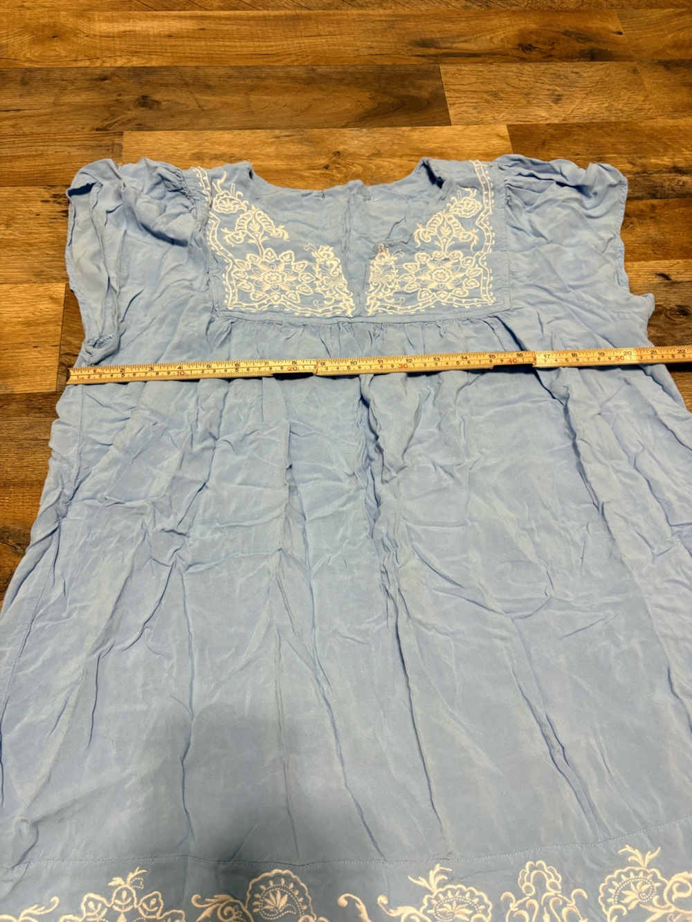 Boho Embroidered Baby Doll Tunic Top Light Blue Women’s Rayon Peasant Blouse - Picture 3 of 5